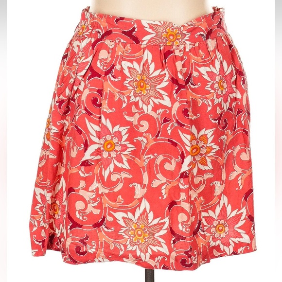 Ann Taylor LOFT Tropical Floral Coral Pink Linen Pleated Full Skirt Size Large L - Picture 2 of 6